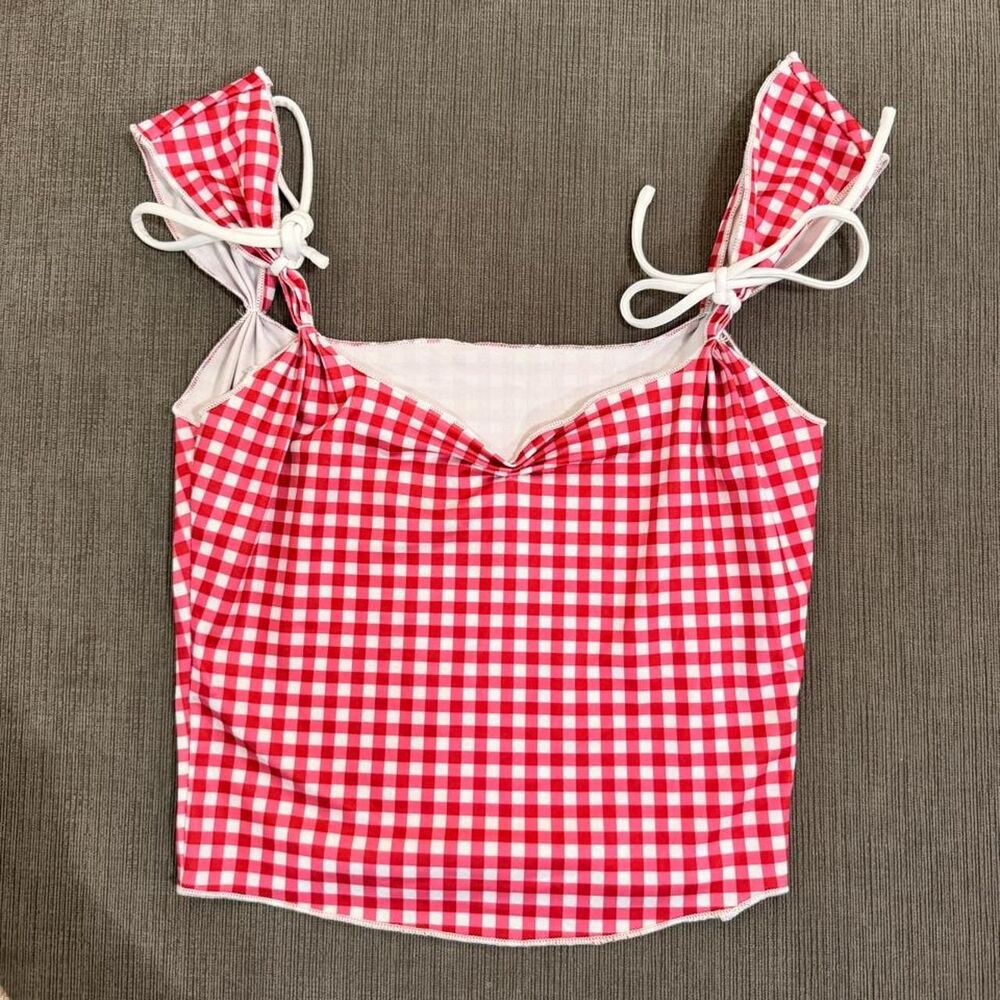 RETRO red and white gingham tie-strap tank top est. size XS-S